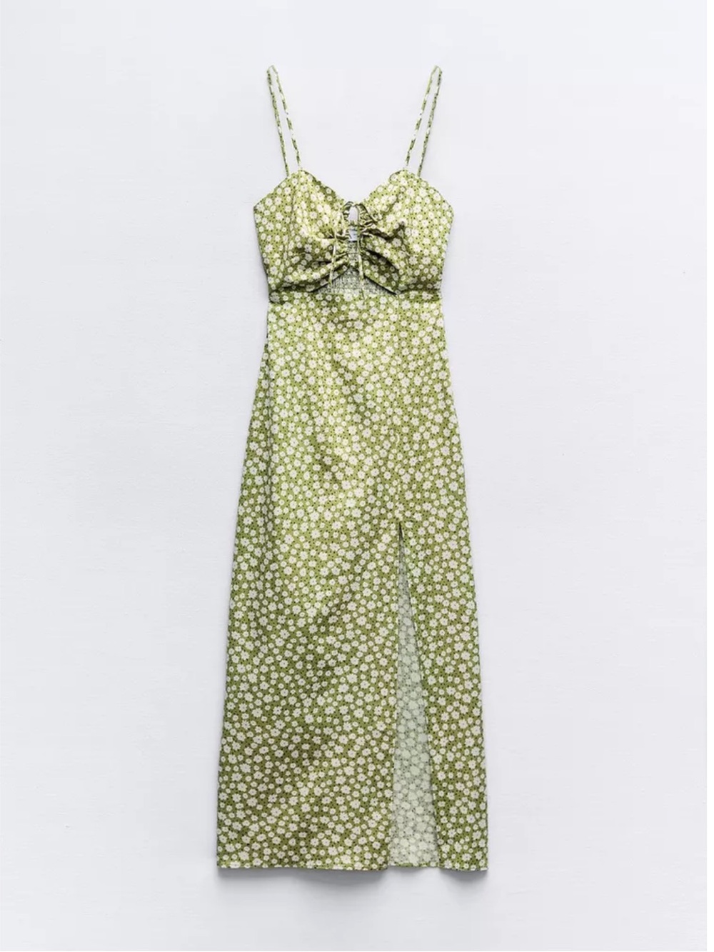 Zara Linen-Blend Floral Print Midi Dress — Green. Size M